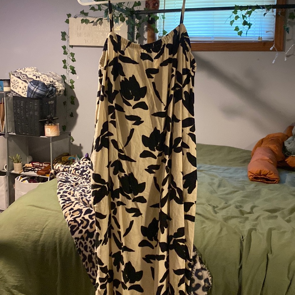 tan and black floral dress